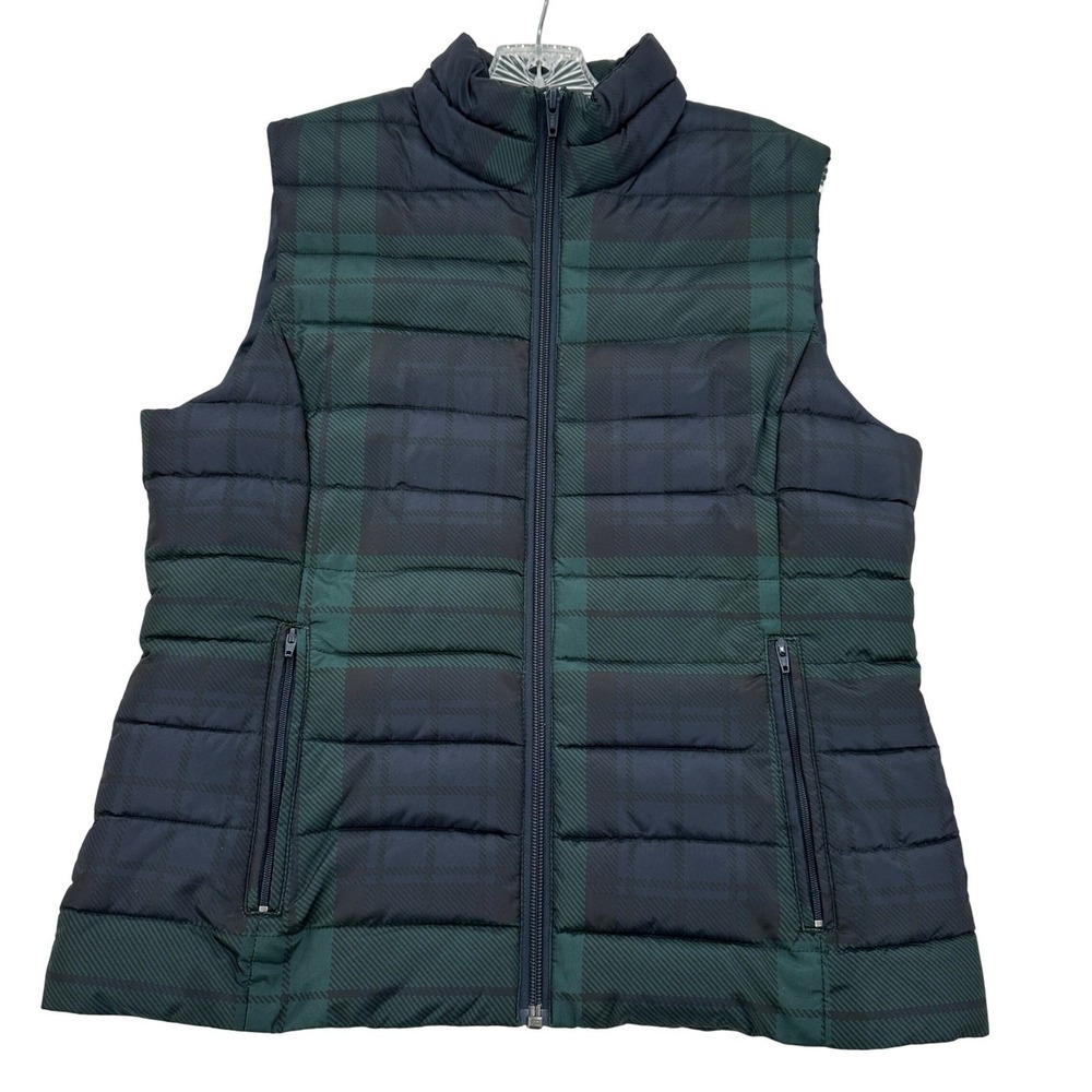 Colebrook Essentials Puffer Vest Women Size S Green Blue Plaid Quilted Warm Cute